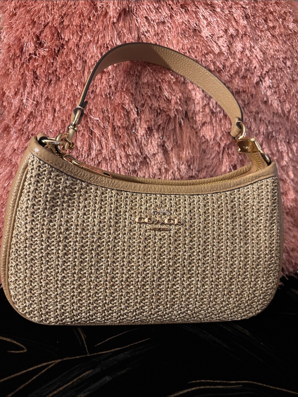 Coach Beige Woven Terry Bag with Leather Trim